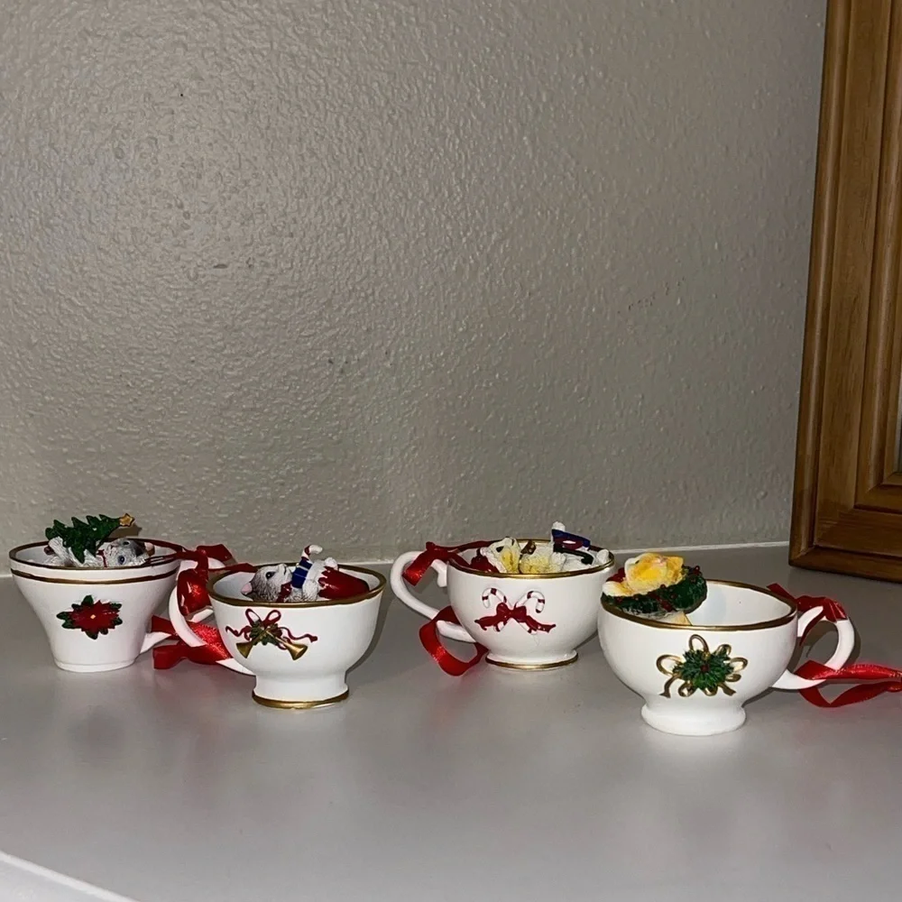 Cat Snowman Family Tea Cup Ornament Painted Resin Crafts Creative x4